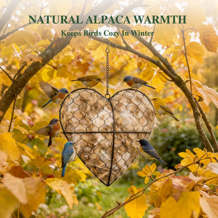 2 Pack Alpaca Fiber Bird Nesting Heart & Hanging Metal Mesh Feeder Tray Kit