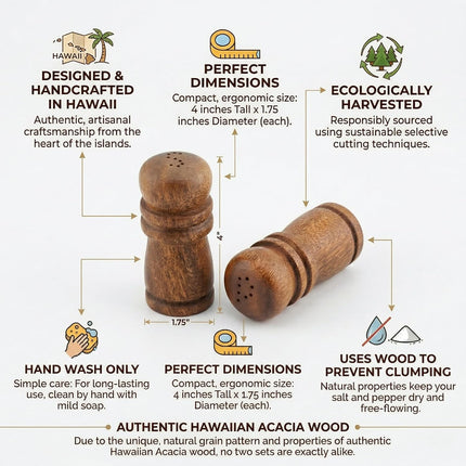 Hawaiian Acacia Wood Salt & Pepper Shaker Set, 4-Inch Natural Wood