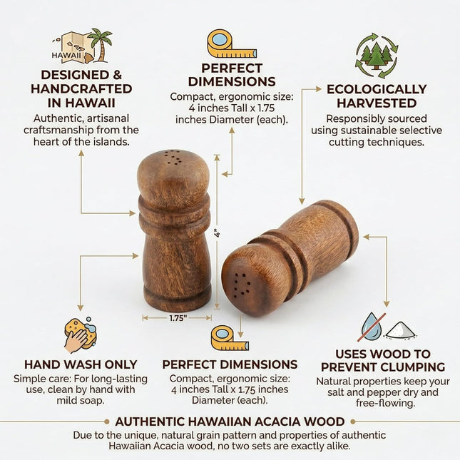 Hawaiian Acacia Wood Salt & Pepper Shaker Set, 4-Inch Natural Wood