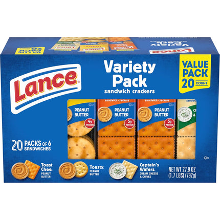 Sandwich Crackers Variety Pack, 3 Flavors, 20 Individually Wrapped Packs, 6 Sandwiches Each