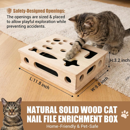 PawHaven RefugioPata Cat Scratch Puzzle Enrichment Box, Smooth Solid Wood Cat Nail File — Pet Supplies