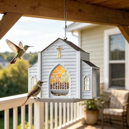 Church Shaped Metal Hanging Bird Feeder with Solar Light