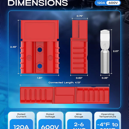 120A 600V Battery Quick Connect/Disconnect for 2-4 AWG Cables, Red, 4 PCS