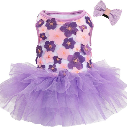 Purple Floral XXX-Small Pet Princess Dress with Bow Clip