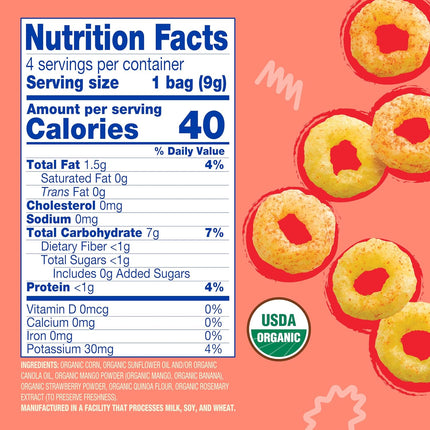 Organic Melty Hoops Baby Snacks, Strawberry & Mango, 8 Months+, 0.32 oz Bags, Pack of 4