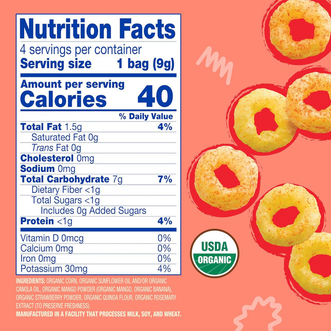 Organic Melty Hoops Baby Snacks, Strawberry & Mango, 8 Months+, 0.32 oz Bags, Pack of 4