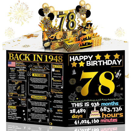 78th Birthday 3D Pop Up Card with 1948 Gold Retro Theme
