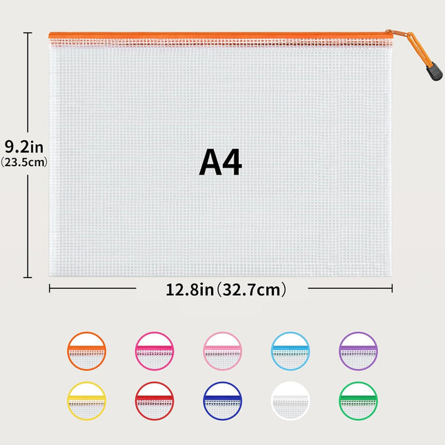 A4 Letter Size 24-Pack Zipper Mesh Document Pouches in 10 Colors