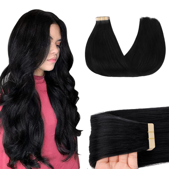 Jet Black Tape-In Human Hair Extensions, 20 Inch, 50g, 20 Pieces
