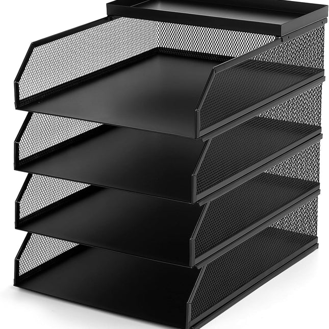 4-Tier Black Metal Mesh Paper Organizer for Desk