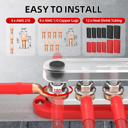300A 12V Bus Bar with Cover and Copper Lugs