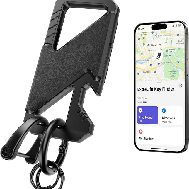 Black Rechargeable Smart Key Finder Keychain with Carabiner Bottle Opener