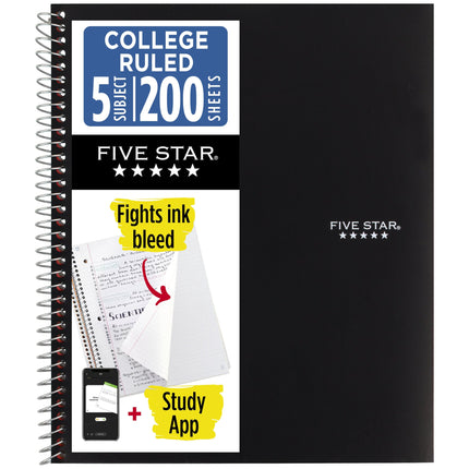 5-Subject Spiral Notebook, College Ruled, 200 Sheets, Black