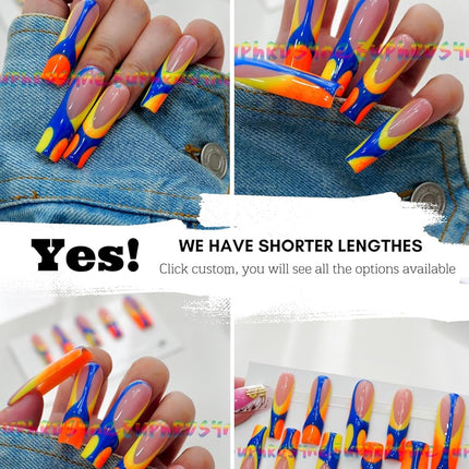 10PCS Colorful Swirl Press On Nails - Long Coffin Glossy Y2K Nails