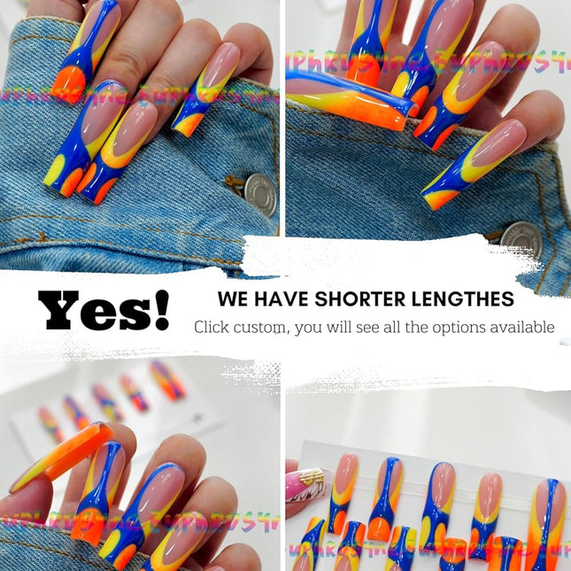 10PCS Colorful Swirl Press On Nails - Long Coffin Glossy Y2K Nails