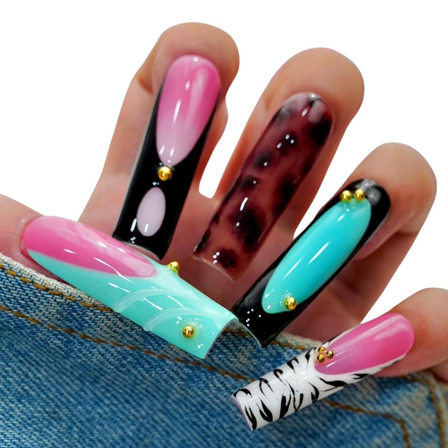 SourcetoHome 10PCS Multicolor Press On Nails – Long Coffin Fake Nails with Zebra Print, Leopard Pattern, Abstract Swirls & Stud Accents, Glossy Reusable Y2K Nails for Women and Girls – Euphrosyne - General - front view