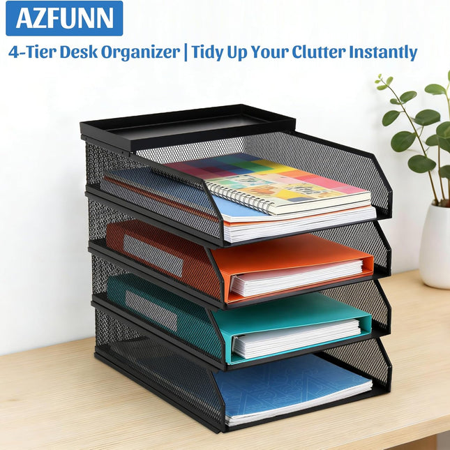 4-Tier Black Metal Mesh Paper Organizer for Desk