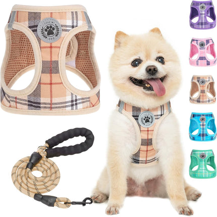 Beige Plaid Step-In Soft Mesh Dog Harness and Leash Set for Small Pets