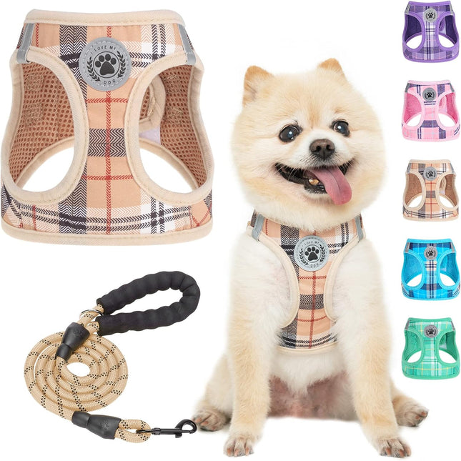 Beige Plaid Step-In Soft Mesh Dog Harness and Leash Set for Small Pets