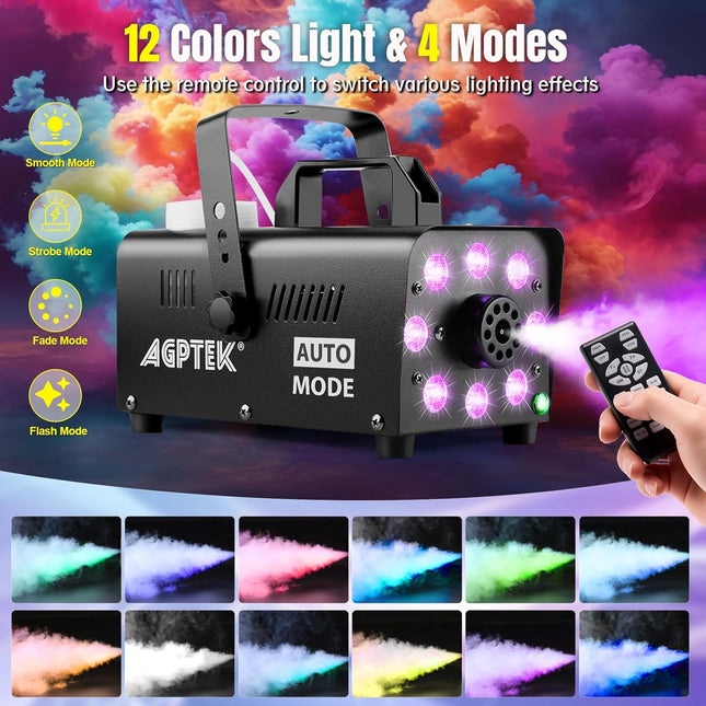 600W Fog Machine with 12-Color LED Lights and Wireless Remote
