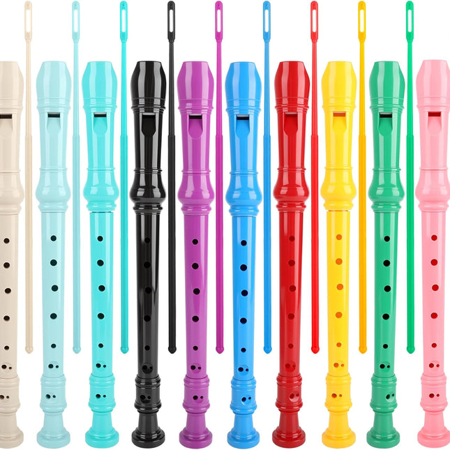 SourcetoHome 10 Pcs Recorder Instrument Bulk 8 Hole Soprano Recorders Descant Flute with Cleaning Rod and Fingering for Beginners Practice Music Parties Musical Education, 10 Colors - General - front view