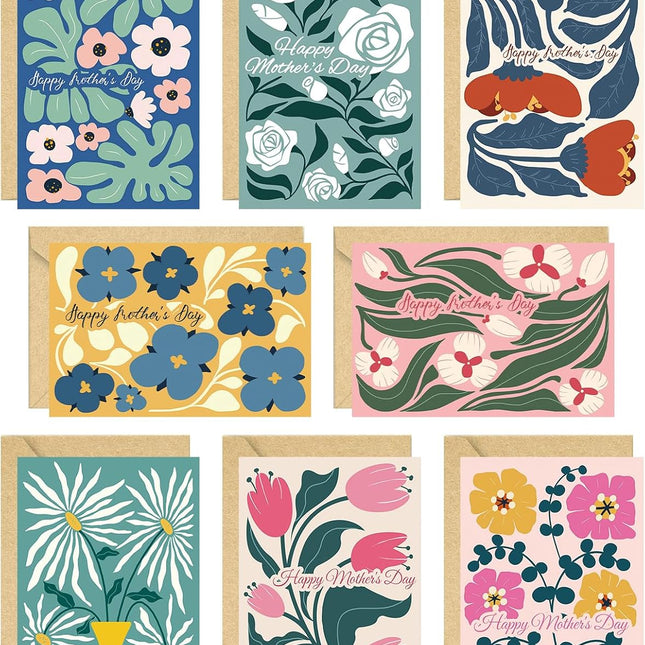 24 Pack Floral Happy Mother's Day Cards with Envelopes, 8 Designs, 4x6 in