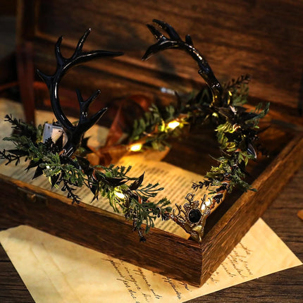 Light-Up Black Antler Elf Crown Gothic Flower Headband