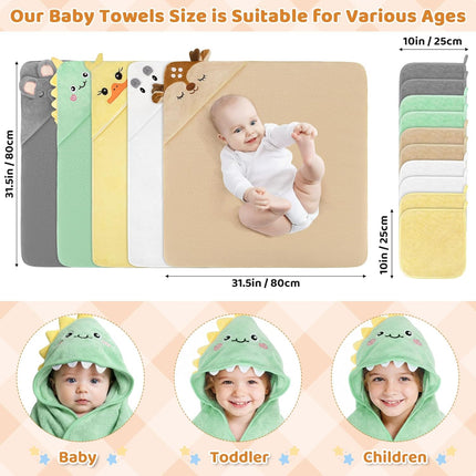 15-Piece Baby Bath Towels Set with Animal Hooded Towels and Washcloths
