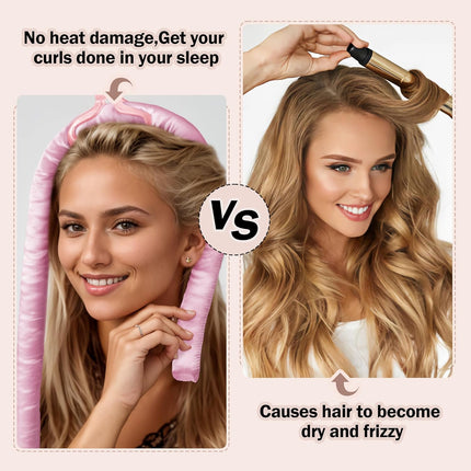 Overnight heatless hair curler kit showing curl results - no heat damage