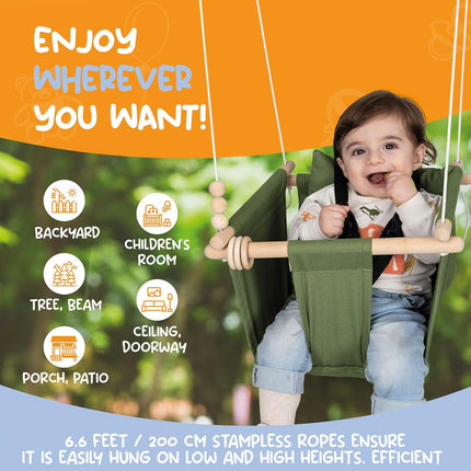 Indoor Outdoor Canvas Toddler Swing Seat in Green with 3-Point Harness