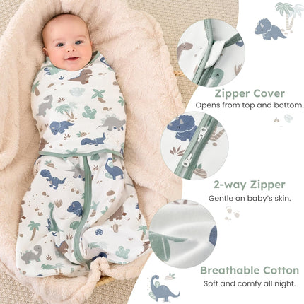 Baby Swaddle Sleep Sack 3-6 Months, 0.5 TOG Cotton 2 Pack, Soft Green Dinosaur