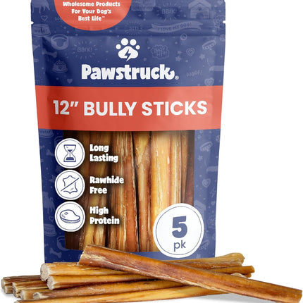 Pawstruck 12 Inch Bully Sticks for Medium & Large Dogs (5 Pack) - All Natural Beef Pizzle, Long Lasting, Rawhide-Free, Low Odor, Single Ingredient Dog Chews & Dental Treats