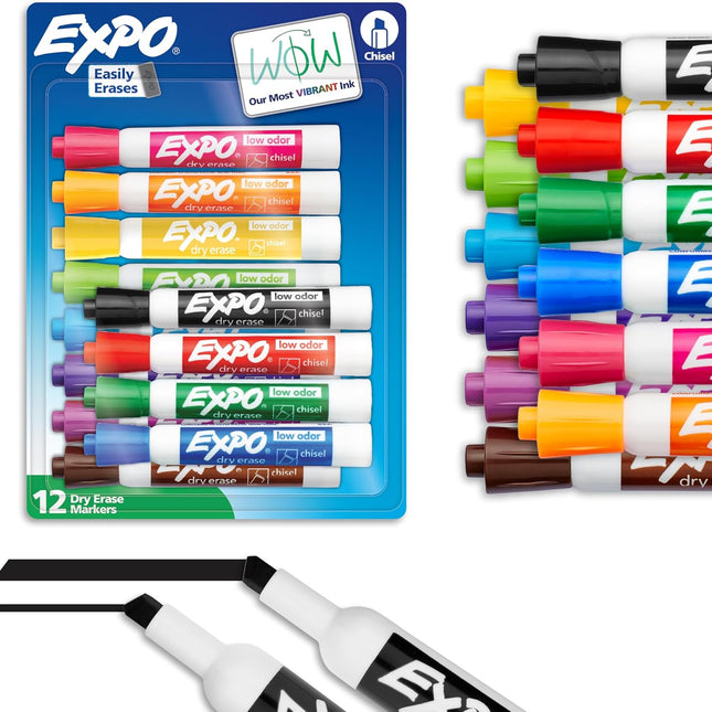 Low Odor Dry Erase Markers, Assorted Colors, Chisel Tip, 12 Count