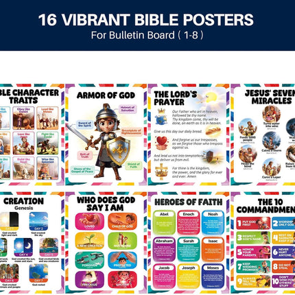16-Piece Kids Bible Poster Set, 11 x 14 in Laminated Classroom Wall Art