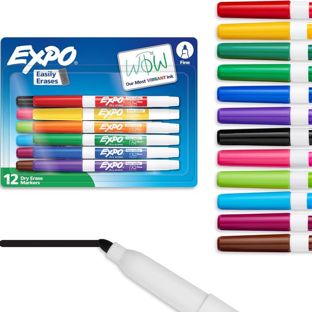 Low Odor Fine Tip Dry Erase Markers, Assorted Colors, 12 Count