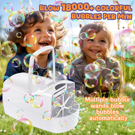 White Automatic Bubble Machine with 2 Speeds and 6 Wands