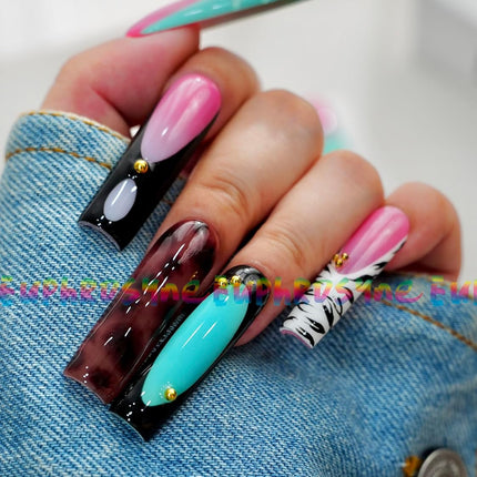SourcetoHome 10PCS Multicolor Press On Nails – Long Coffin Fake Nails with Zebra Print, Leopard Pattern, Abstract Swirls & Stud Accents, Glossy Reusable Y2K Nails for Women and Girls – Euphrosyne - General - detail view 2