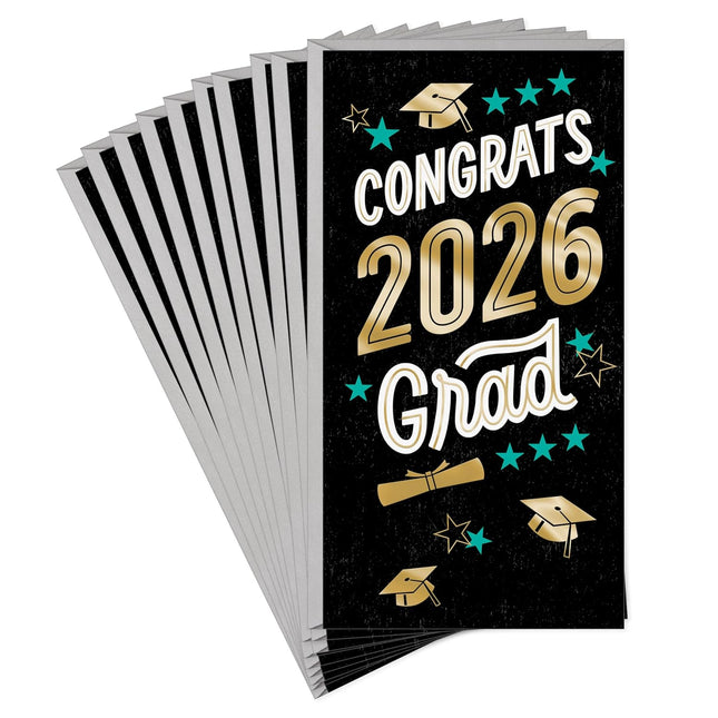 Year-Dated Graduation Money Holder Cards, Congrats 2026 Grad (10 Cards with Envelopes) Black, Blue, Gold Foil