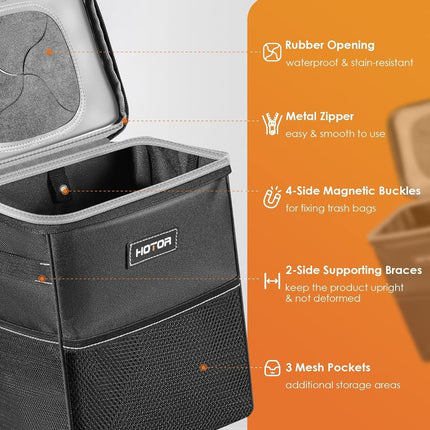 Car Trash Can with Lid and Storage Pockets, 2 Gallons, Black