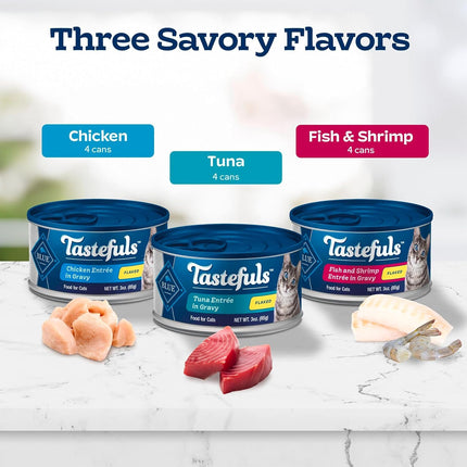 Tastefuls Flaked Adult Wet Cat Food Variety Pack, 3 oz Cans, 12 Count