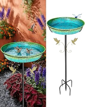 35-Inch Iridescent Blue Green Metal Bird Bath with Stake