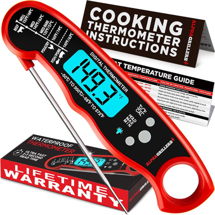 Alpha Grillers Instant Read Meat Thermometer product packaging and accessories included