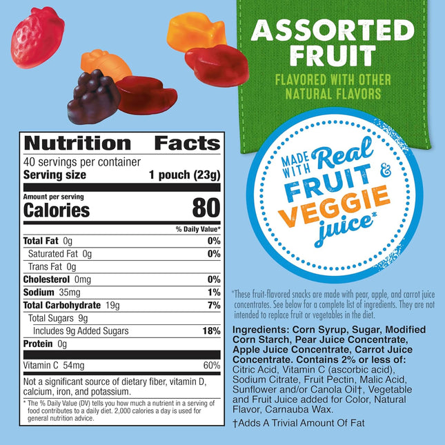 Assorted Fruit Snacks Family Pack, Gluten Free Gummies, 40 Count