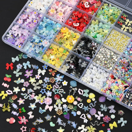 9000 Pcs 3D Nail Charms and Gems Bulk Kit 110 Styles Colorful Rhinestones Bows Butterfly Flower Star Beads Pearls Bubble