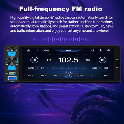 6.5" Single DIN Car Stereo with Wireless Phone Integration, Bluetooth 5.2, FM/AM/RDS, IPS HD Touchscreen, and Type-C Fast Charging