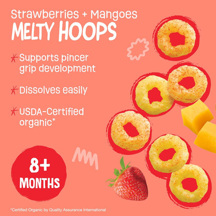 Organic Melty Hoops Baby Snacks, Strawberry & Mango, 8 Months+, 0.32 oz Bags, Pack of 4
