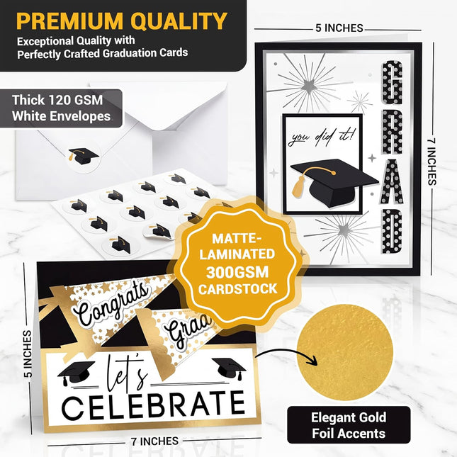 Gold Foil Graduation Cards 2026 - 5x7 12 Pack with Envelopes & Stickers