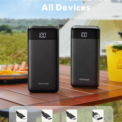Slim 10000mAh Portable Charger with Built-In Cables