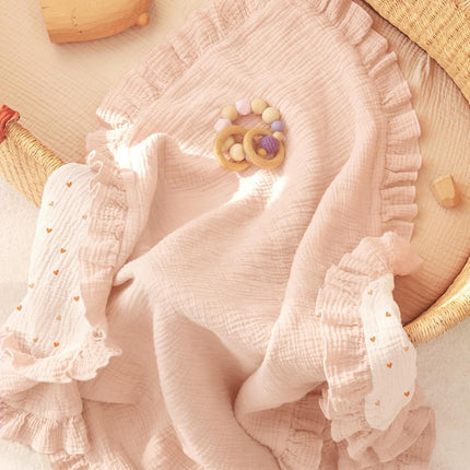 Muslin Ruffle Baby Blanket - Soft Breathable 100% Cotton Newborn Wrap, 40" x 36", Pink Heart