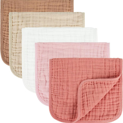 100% Cotton Newborn Muslin Baby Burp Cloths, 10 x 20 Inches, 5 Pack, Pink & Coffee